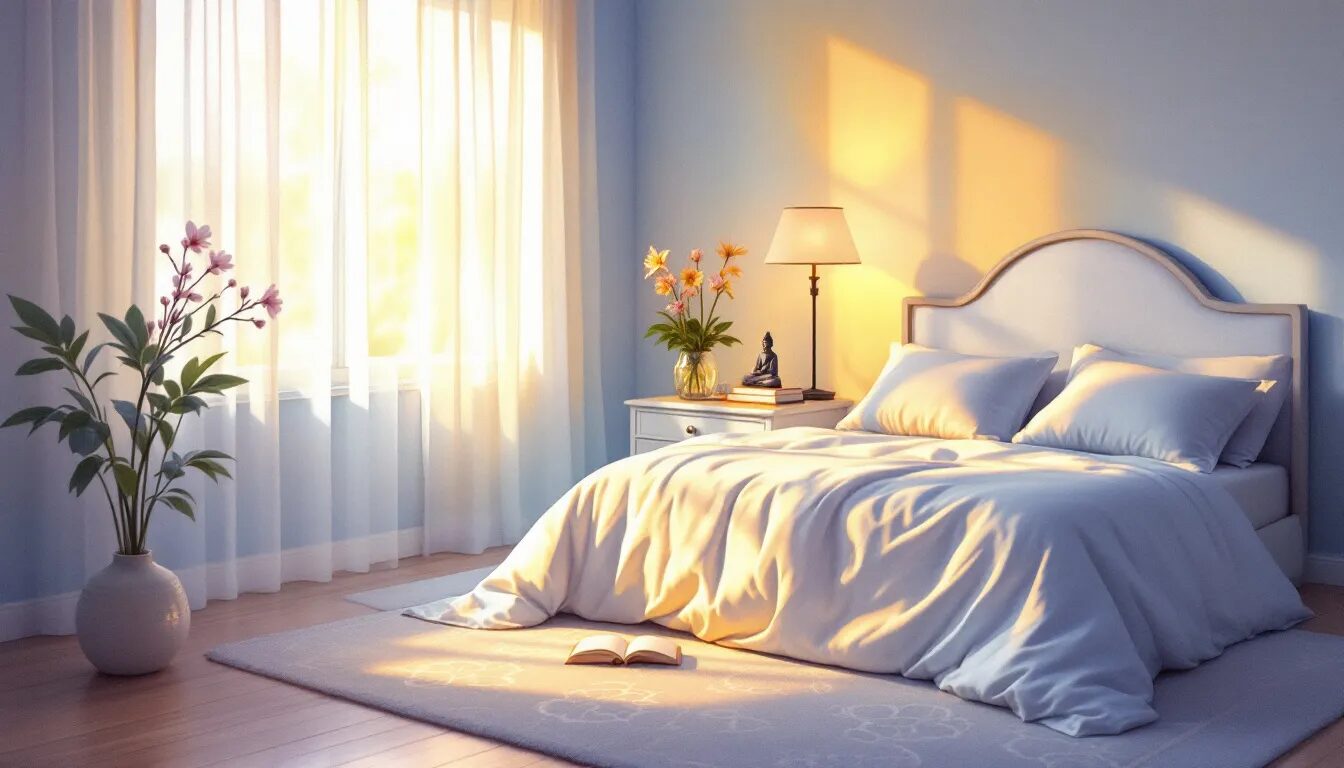 A peaceful bedroom environment promoting good sleep hygiene.
