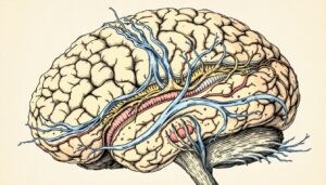An illustration of the glymphatic system showing fluid movement around the brain.