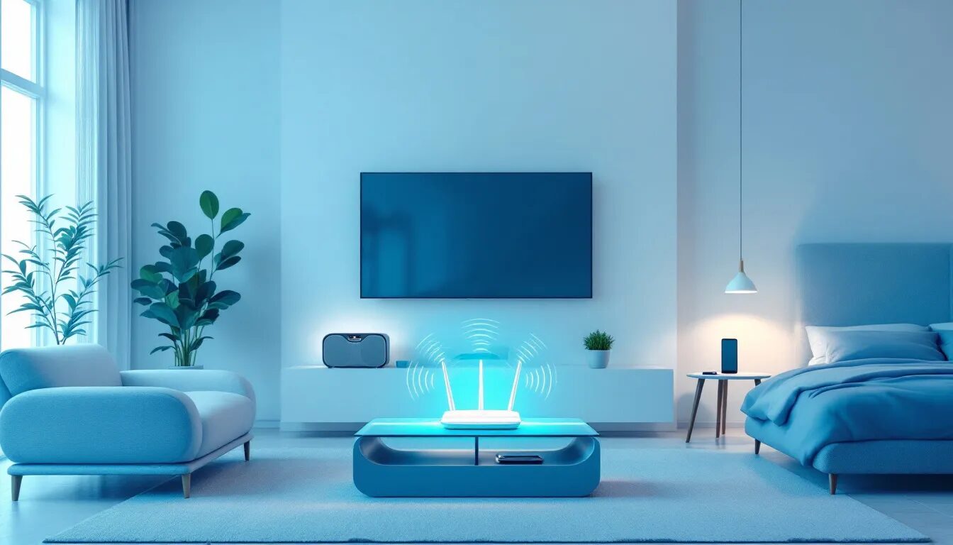 A home environment showing common sources of emf exposure such as Wi-Fi routers and electronic devices.