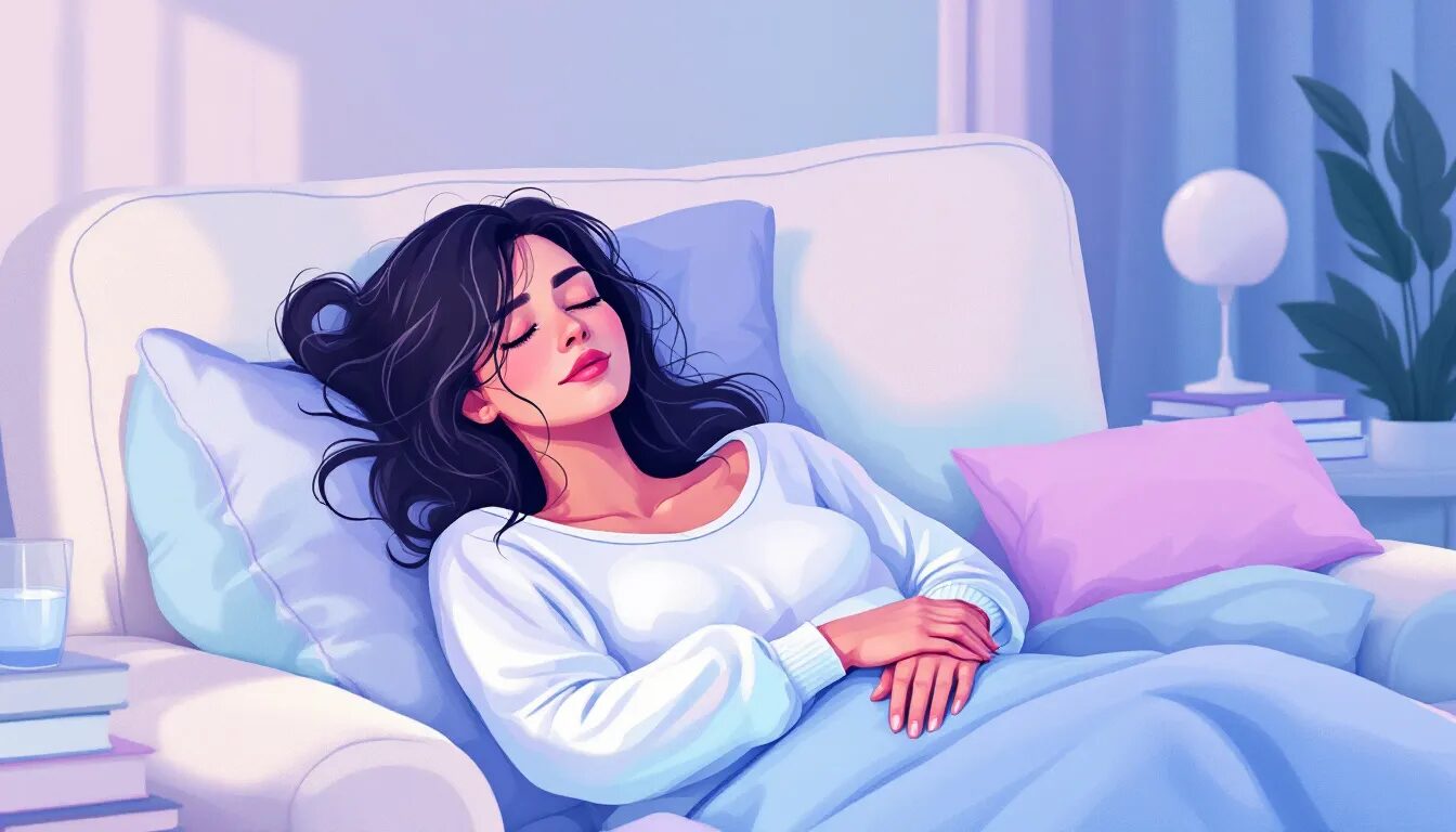 An illustration of a woman experiencing sleep disturbances during perimenopause.