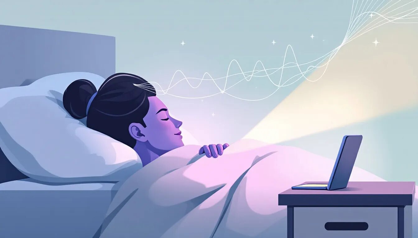 A person sleeping peacefully with a mobile phone placed nearby, highlighting emf exposure and sleep.