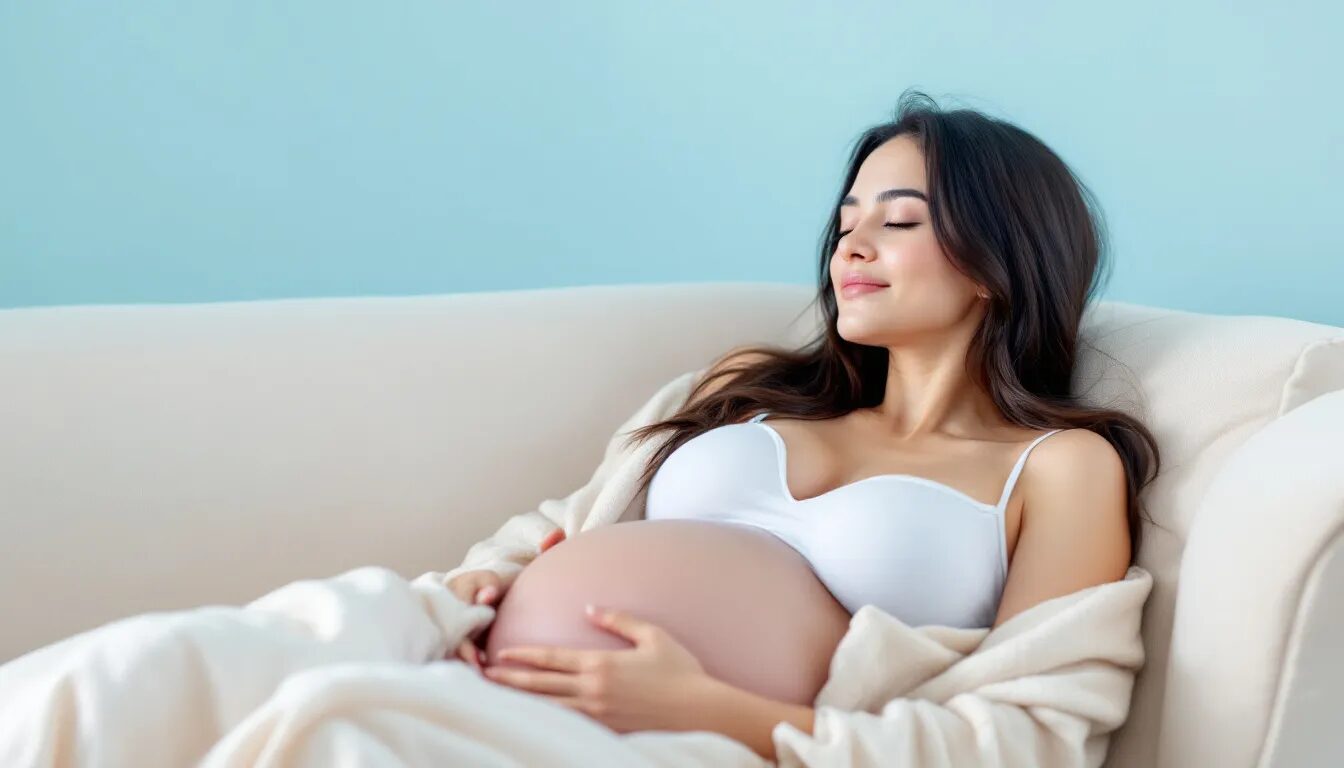 A serene image of a pregnant woman resting peacefully, representing pregnancy and sleep quality.