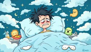 A person looking restless in bed, highlighting the impact of H. pylori on sleep quality.