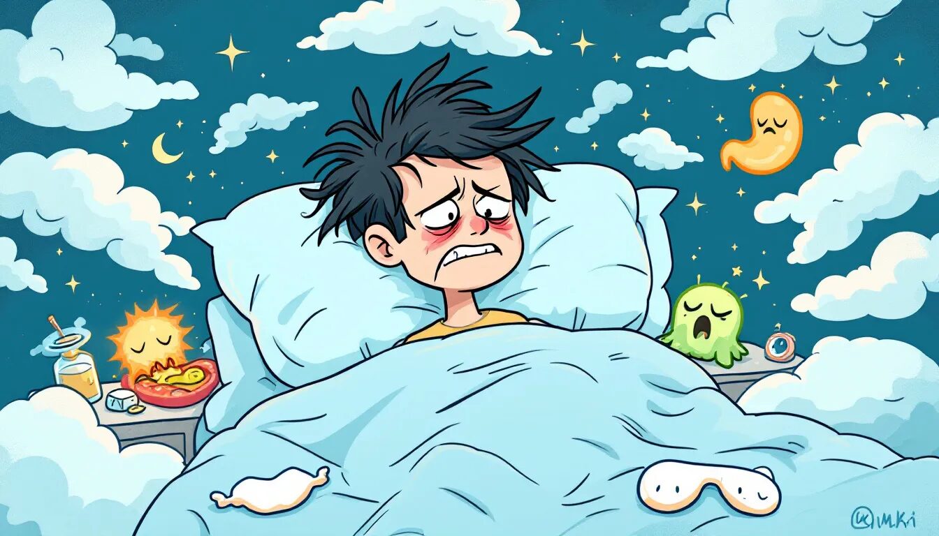 A person looking restless in bed, highlighting the impact of H. pylori on sleep quality.