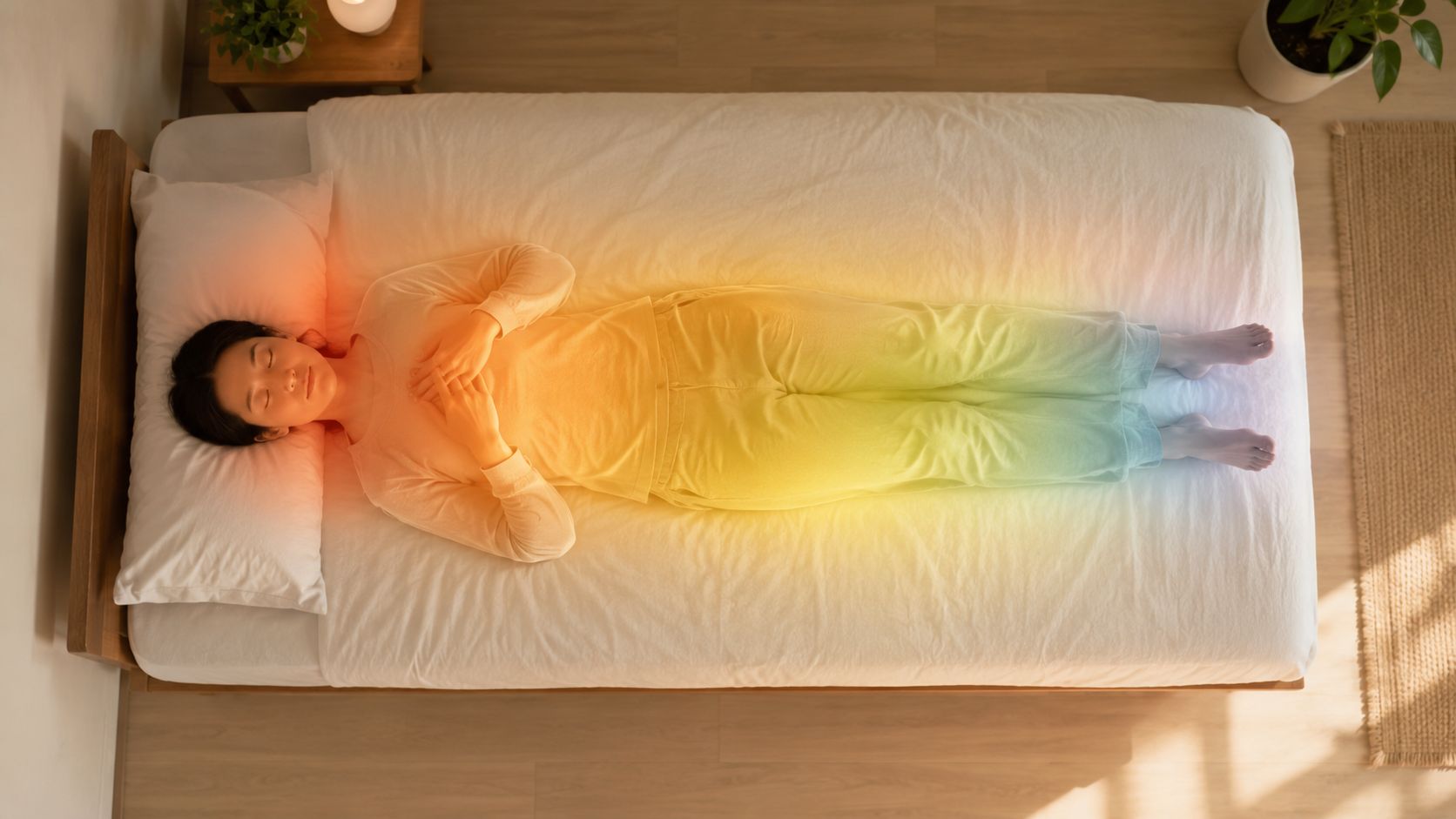 A woman lying peacefully on a bed with a warm, colorful glowing aura surrounding her body.