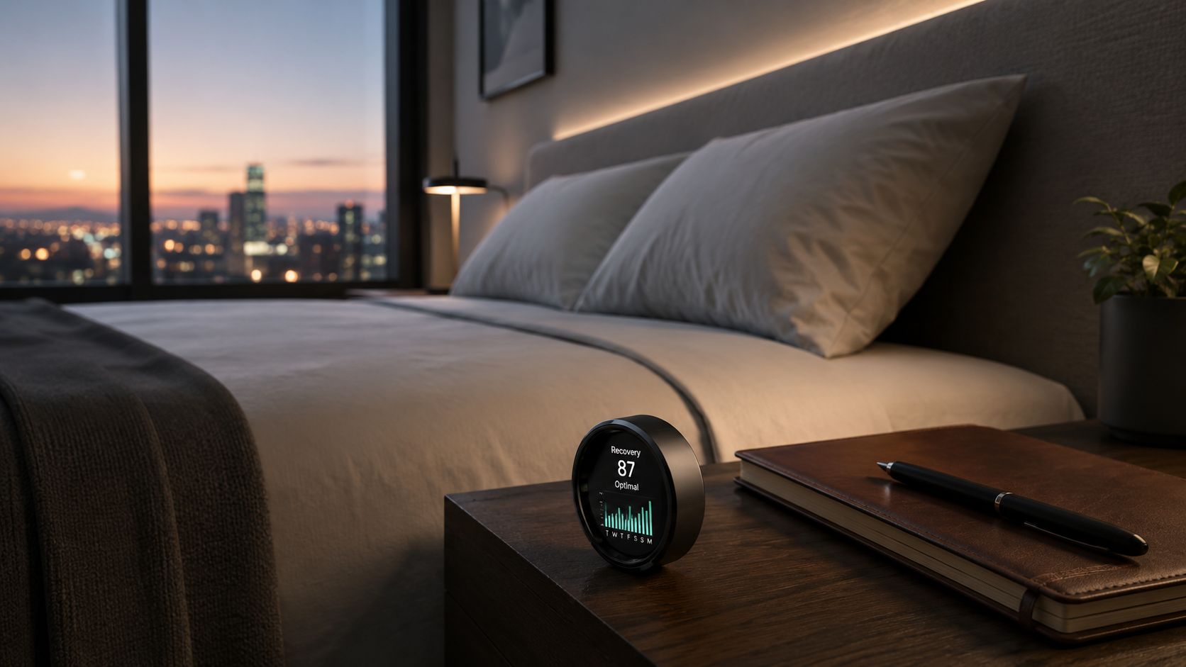 A smart sleep tracker displaying a recovery score of 87 on a bedside table in a bedroom.