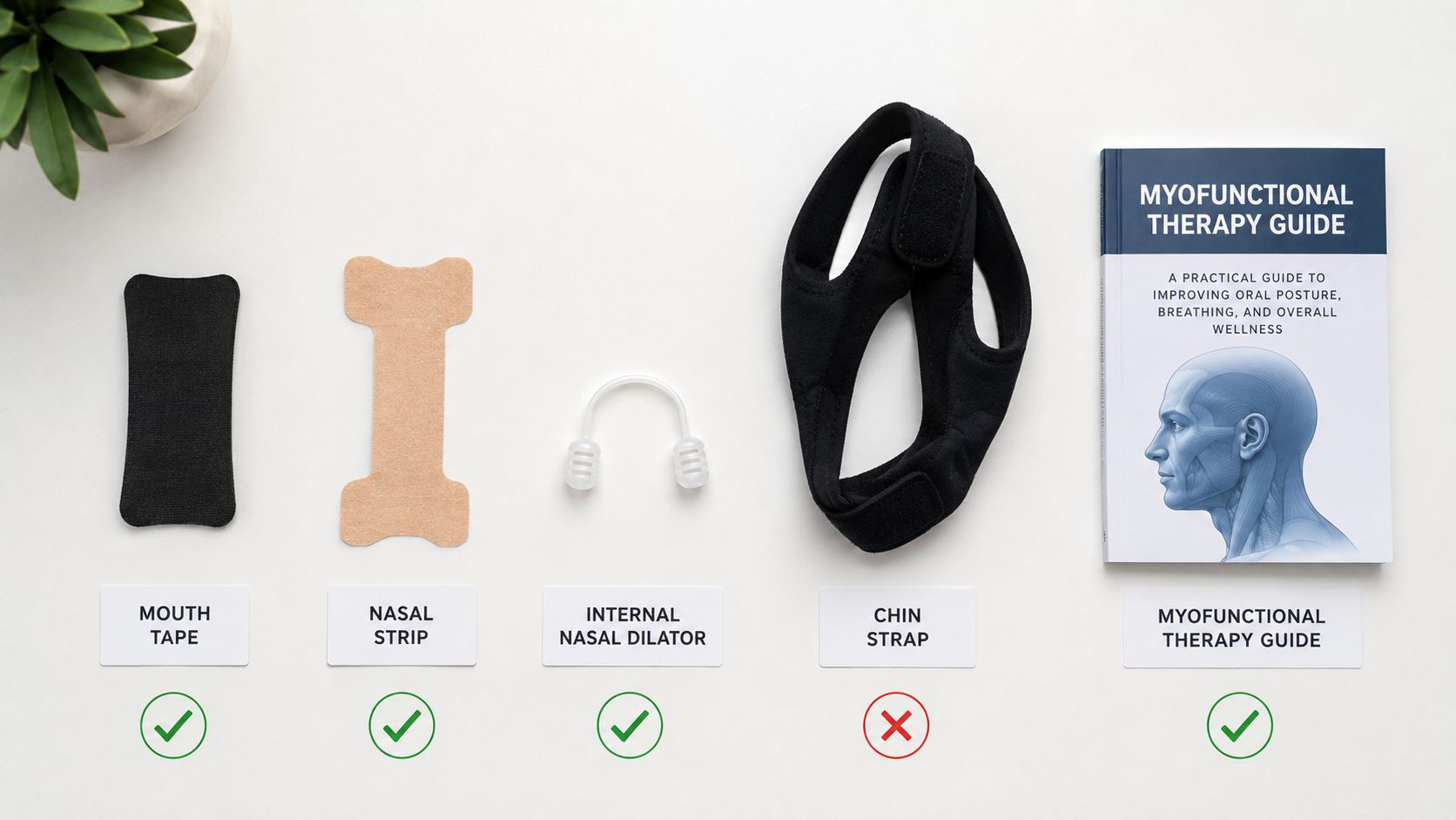 A top-down view of mouth tape, a nasal strip, an internal nasal dilator, a chin strap, and a guide book.