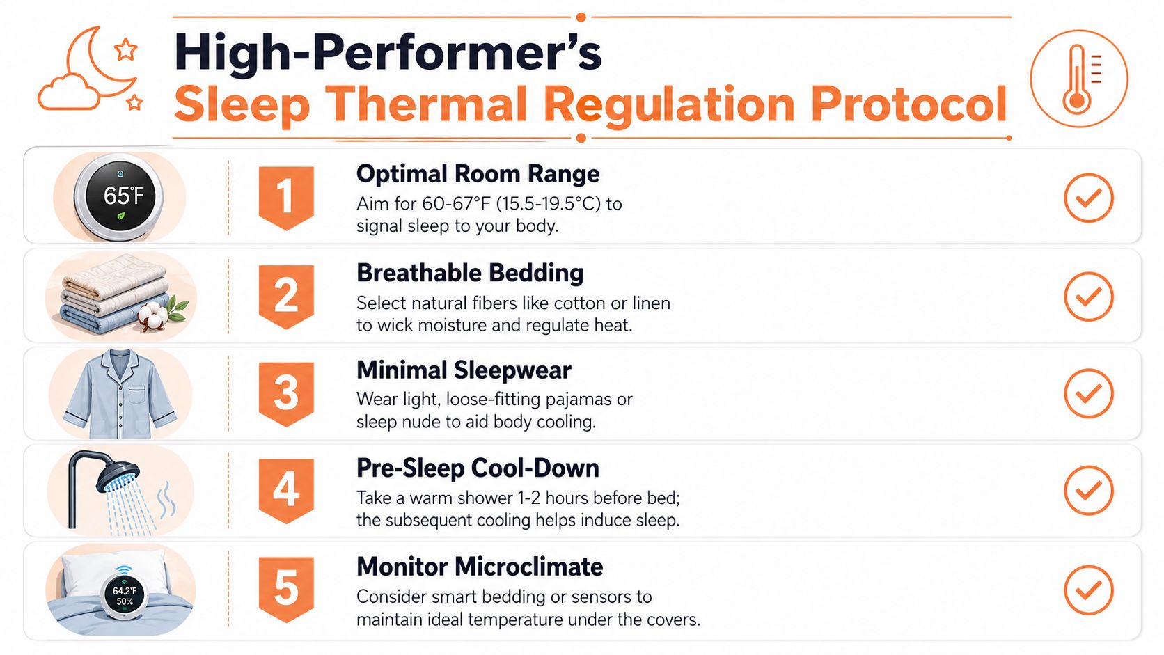 An infographic titled High-Performer's Sleep Thermal Regulation Protocol outlining five tips for optimal sleeping temperatures.
