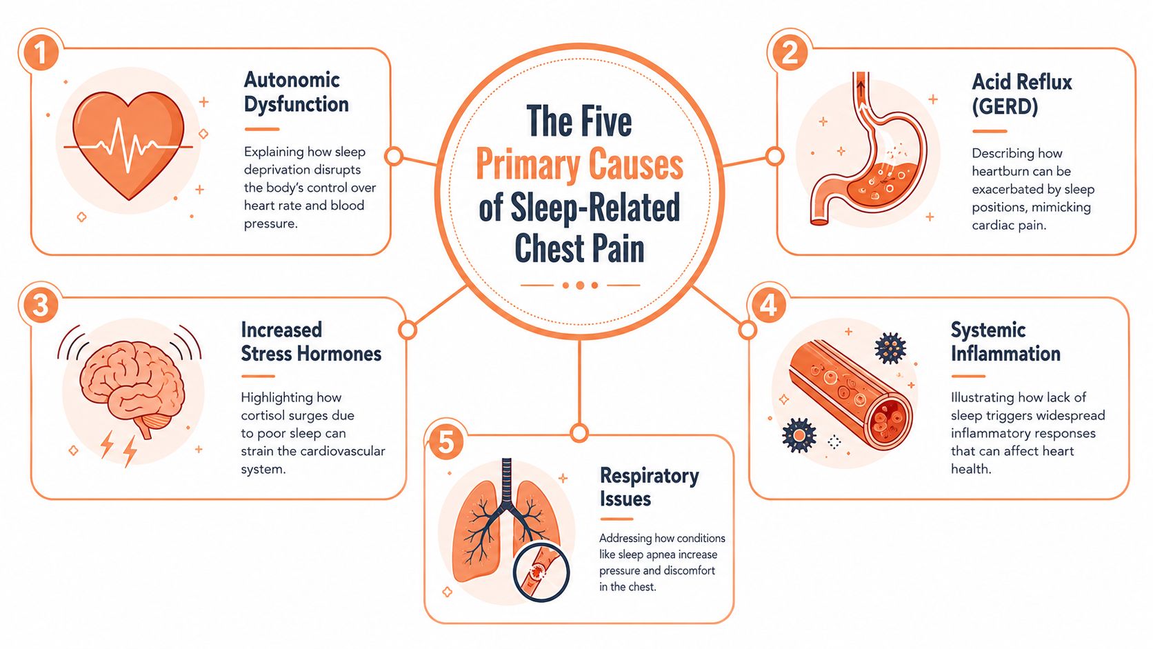 An infographic detailing the five primary causes of sleep-related chest pain, including autonomic dysfunction and stress hormones.