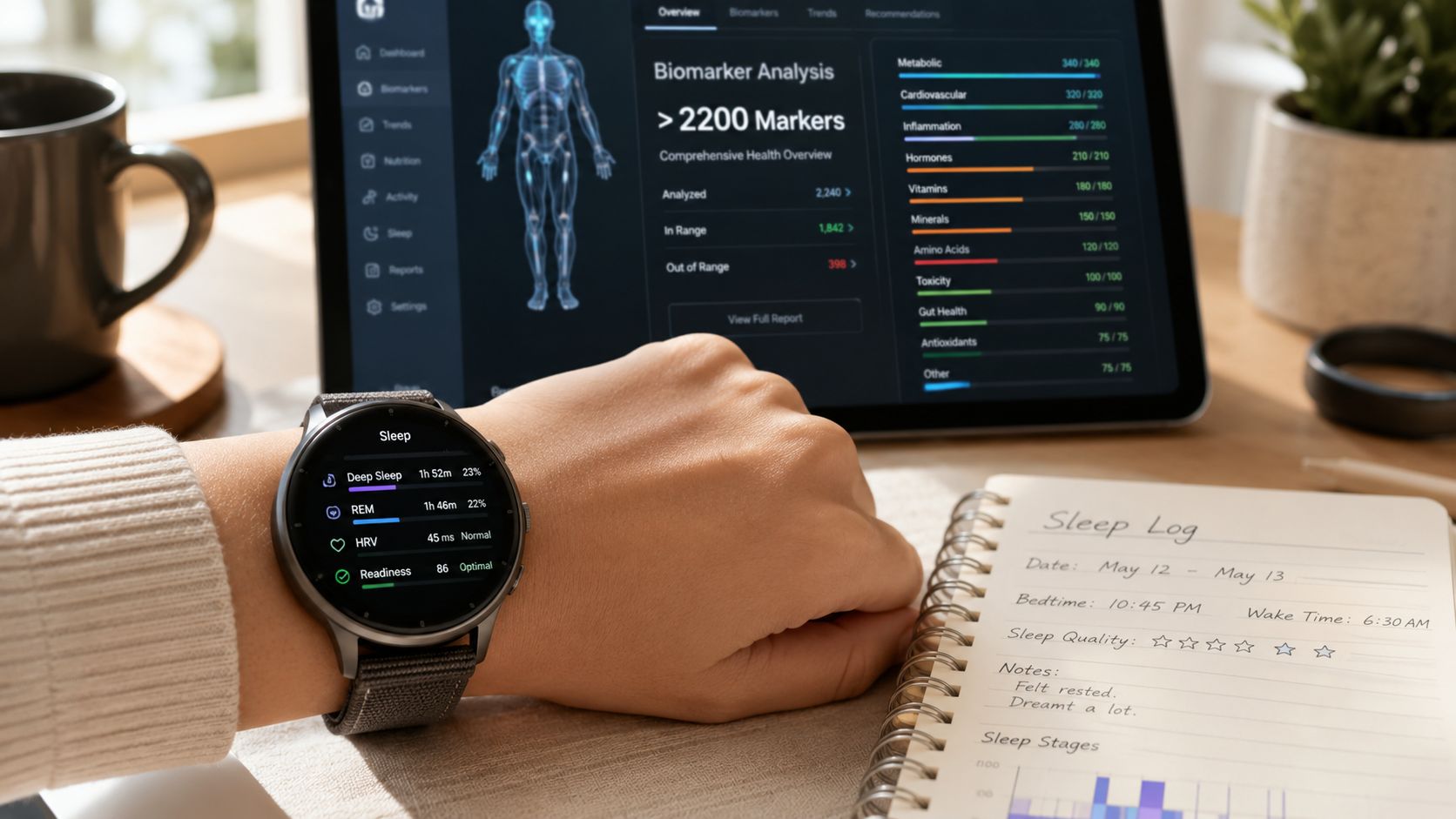A person checking a smartwatch with sleep data while sitting next to a tablet and sleep log.