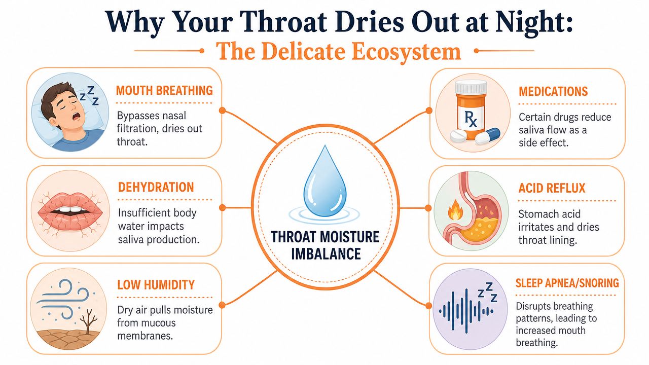 An infographic showing six common causes for experiencing a dry throat while sleeping at night.