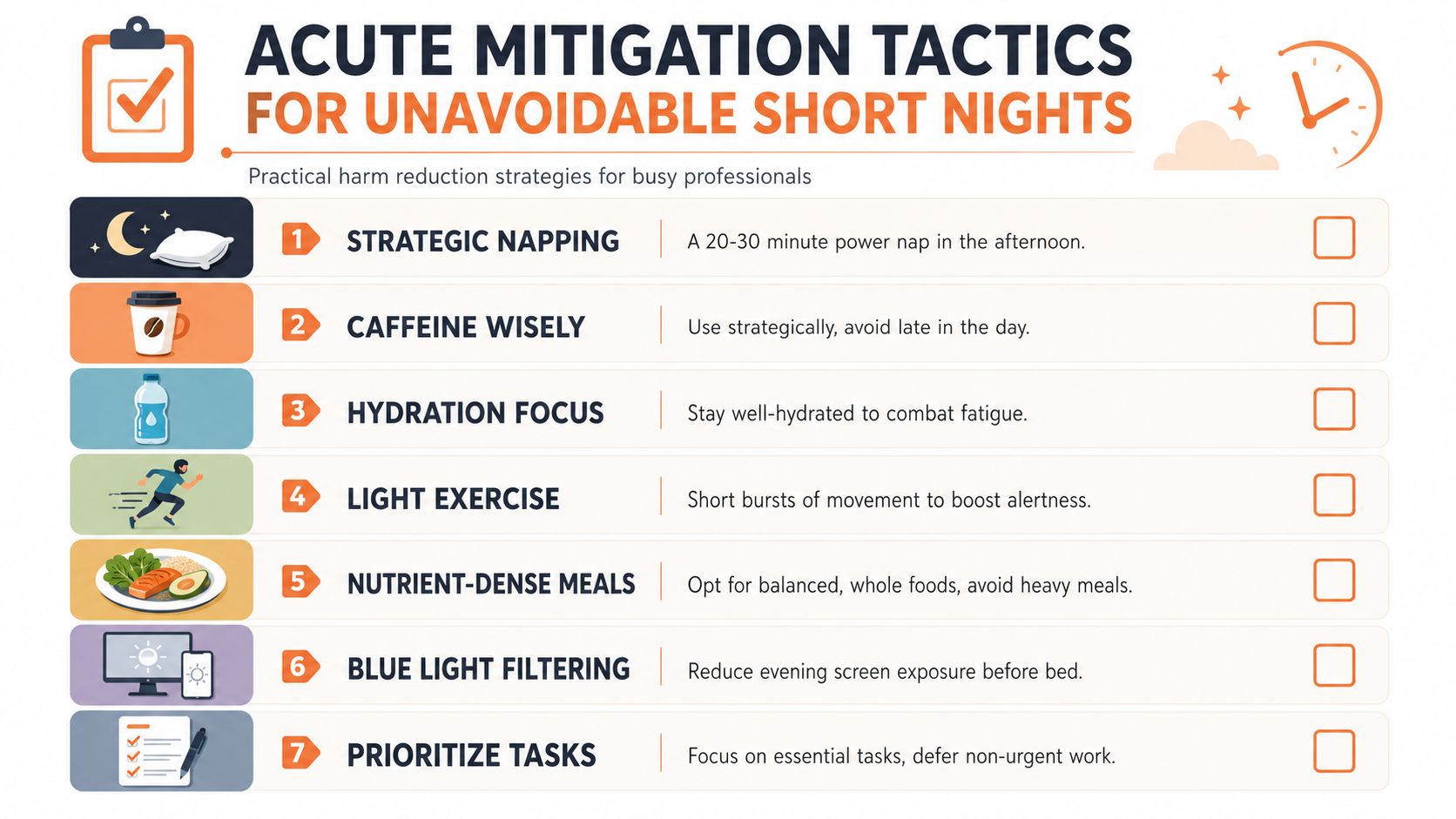 A checklist infographic outlining seven practical harm reduction strategies for managing fatigue after short nights of sleep.