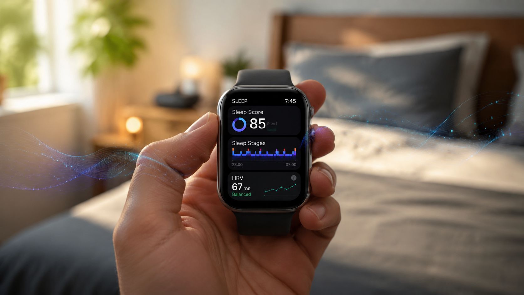 A person holding a smartwatch displaying sleep metrics including sleep score, sleep stages, and heart rate variability.