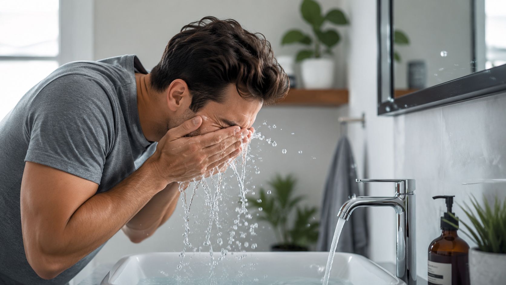 A man washes his face with cool water over a bathroom sink to improve his daily alertness.