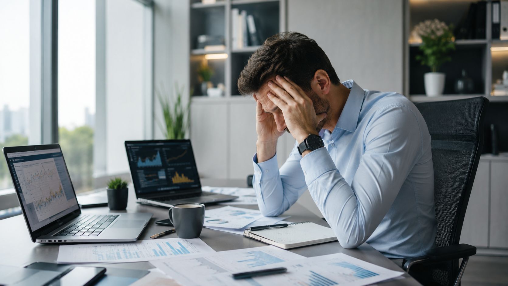 A stressed businessman sits at his office desk with his head in his hands while looking at documents.