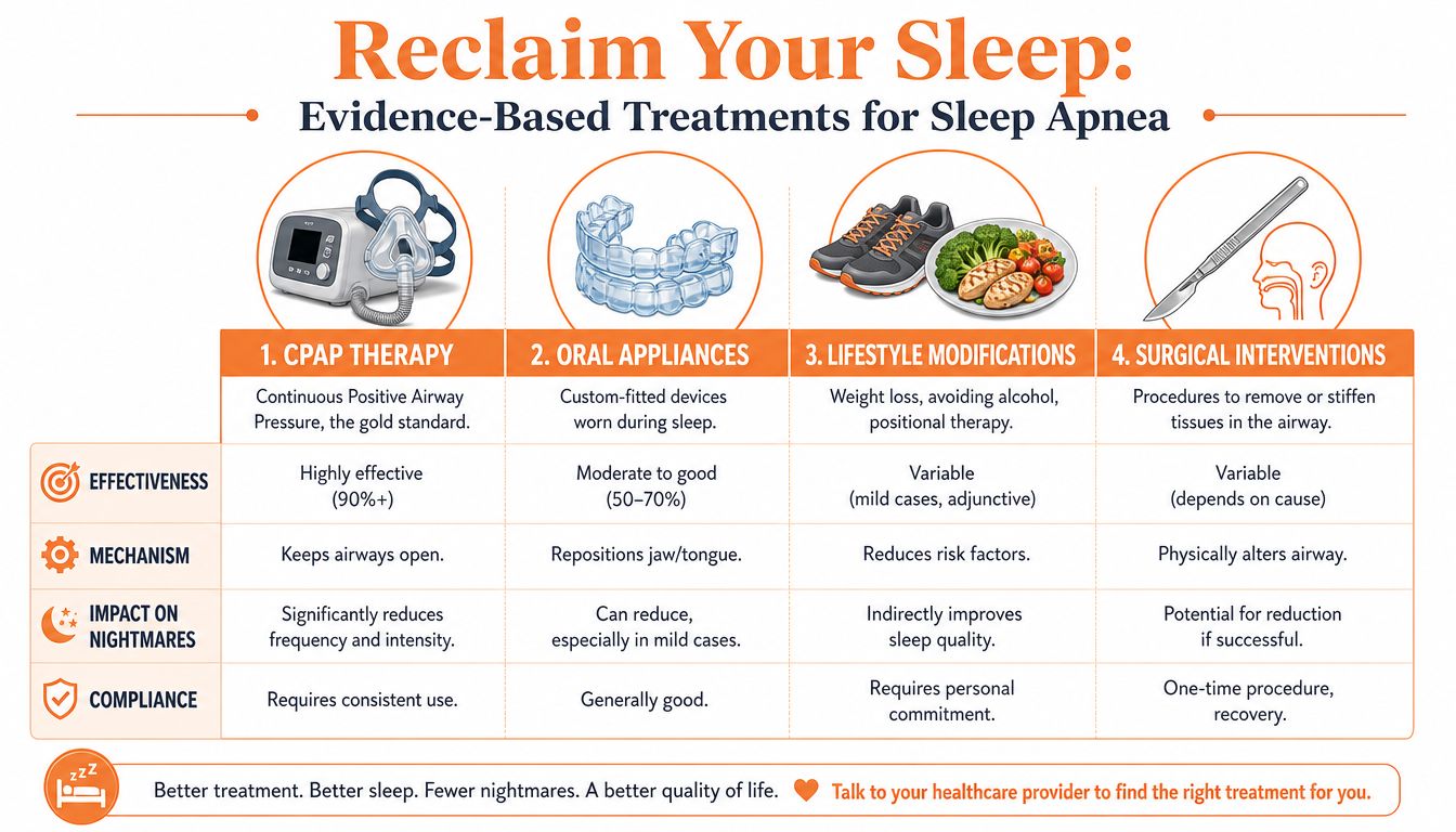 A chart illustrating evidence-based treatment options for sleep apnea including CPAP therapy, oral appliances, lifestyle modifications, and surgery.