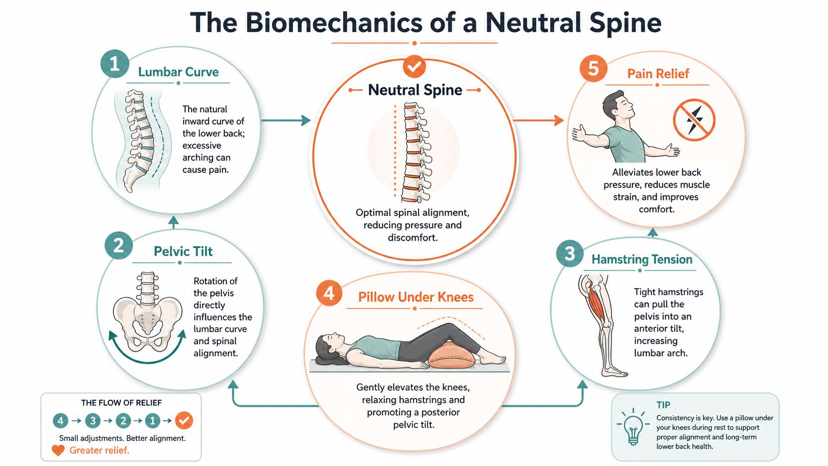 An infographic illustrating how placing a pillow under the knees promotes a neutral spine for pain relief.