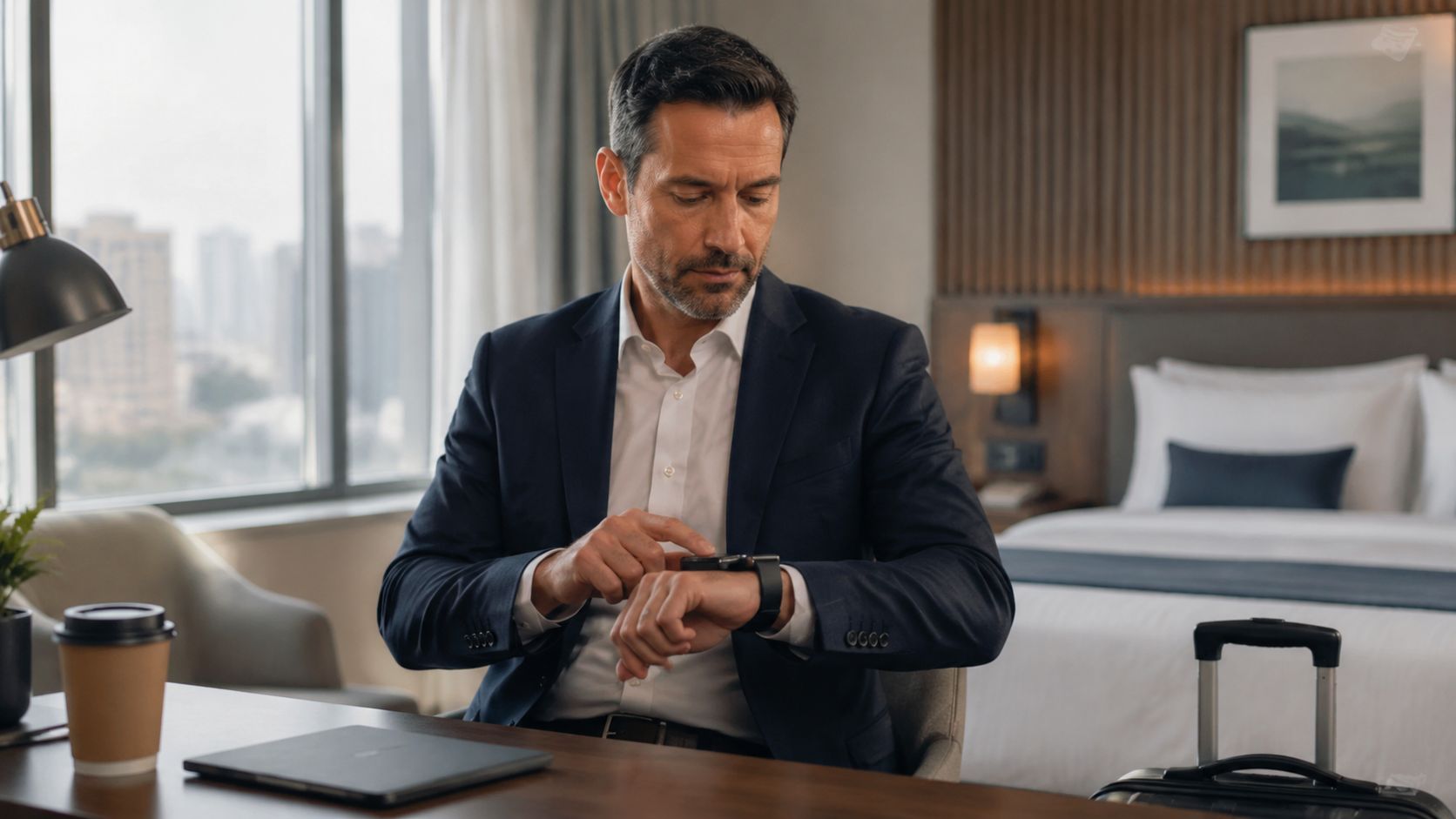 A professional man in a suit checking his smartwatch while sitting at a hotel desk.