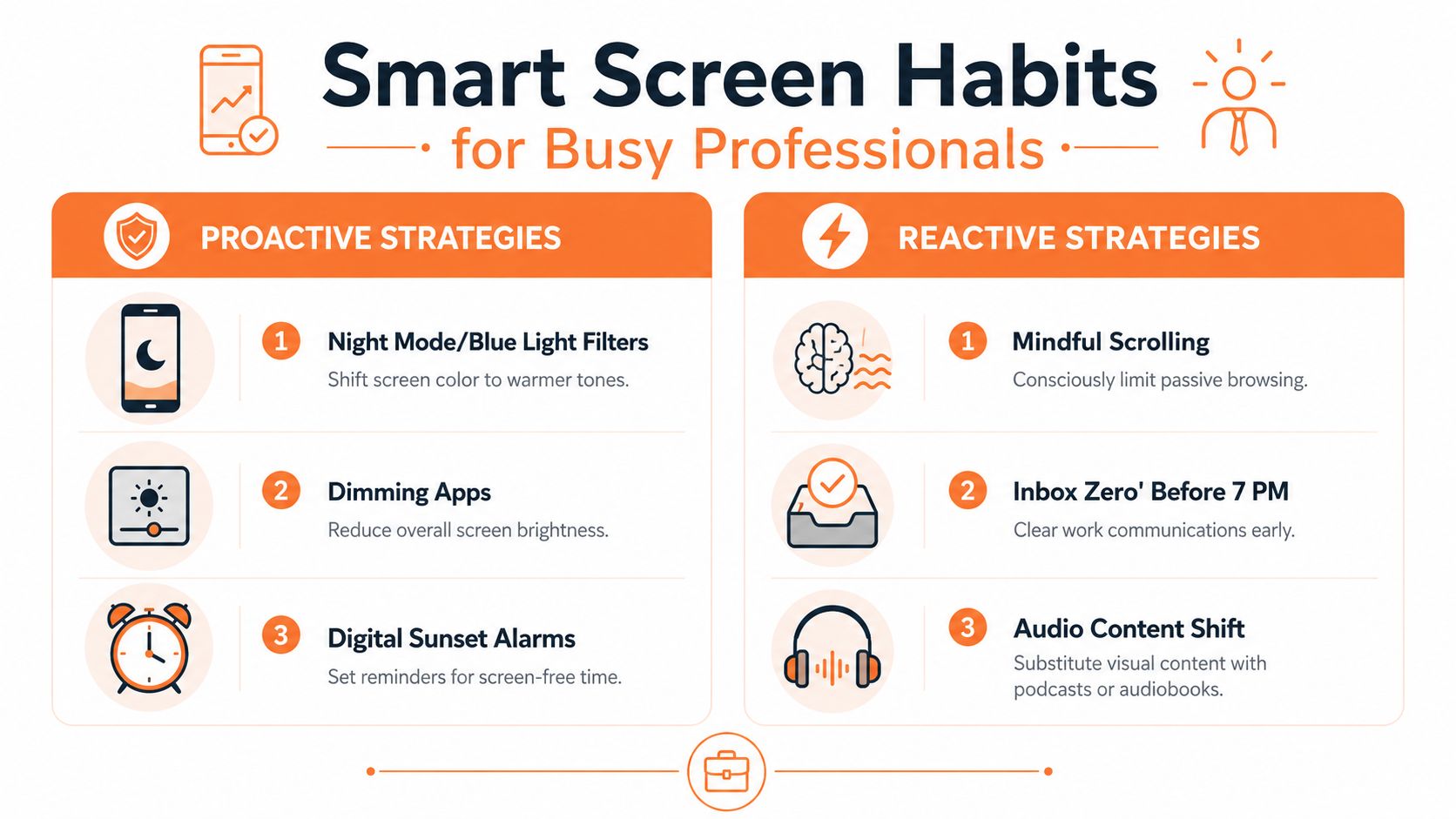 An infographic titled Smart Screen Habits for Busy Professionals detailing proactive and reactive strategies for screen management.