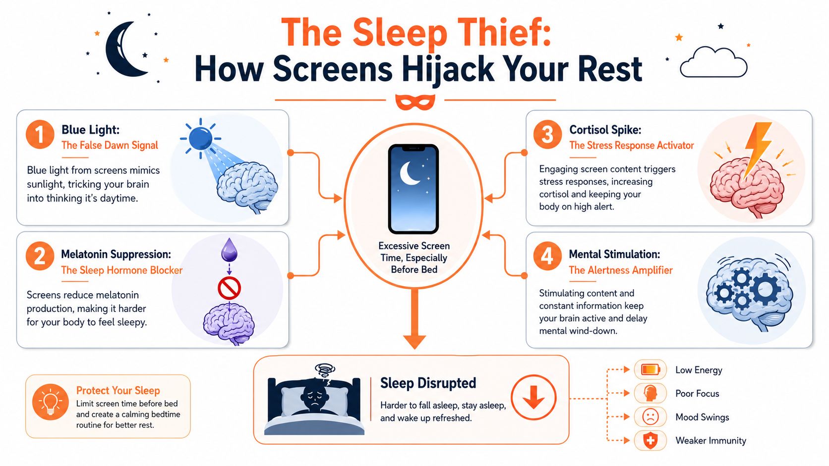 An infographic showing how excessive screen time before bed disrupts sleep and causes negative health effects.