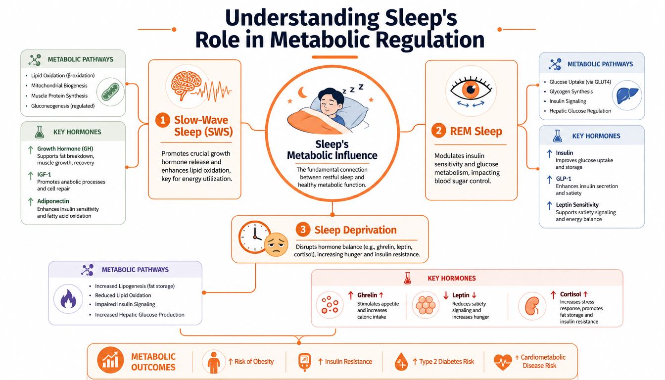 An infographic showing the impact of slow-wave sleep, REM sleep, and sleep deprivation on metabolic health.