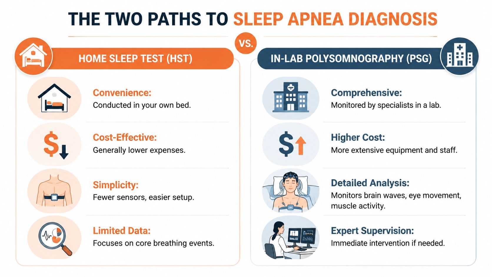 A comparison chart showing the differences between home sleep tests and in-lab polysomnography for diagnosing sleep apnea.