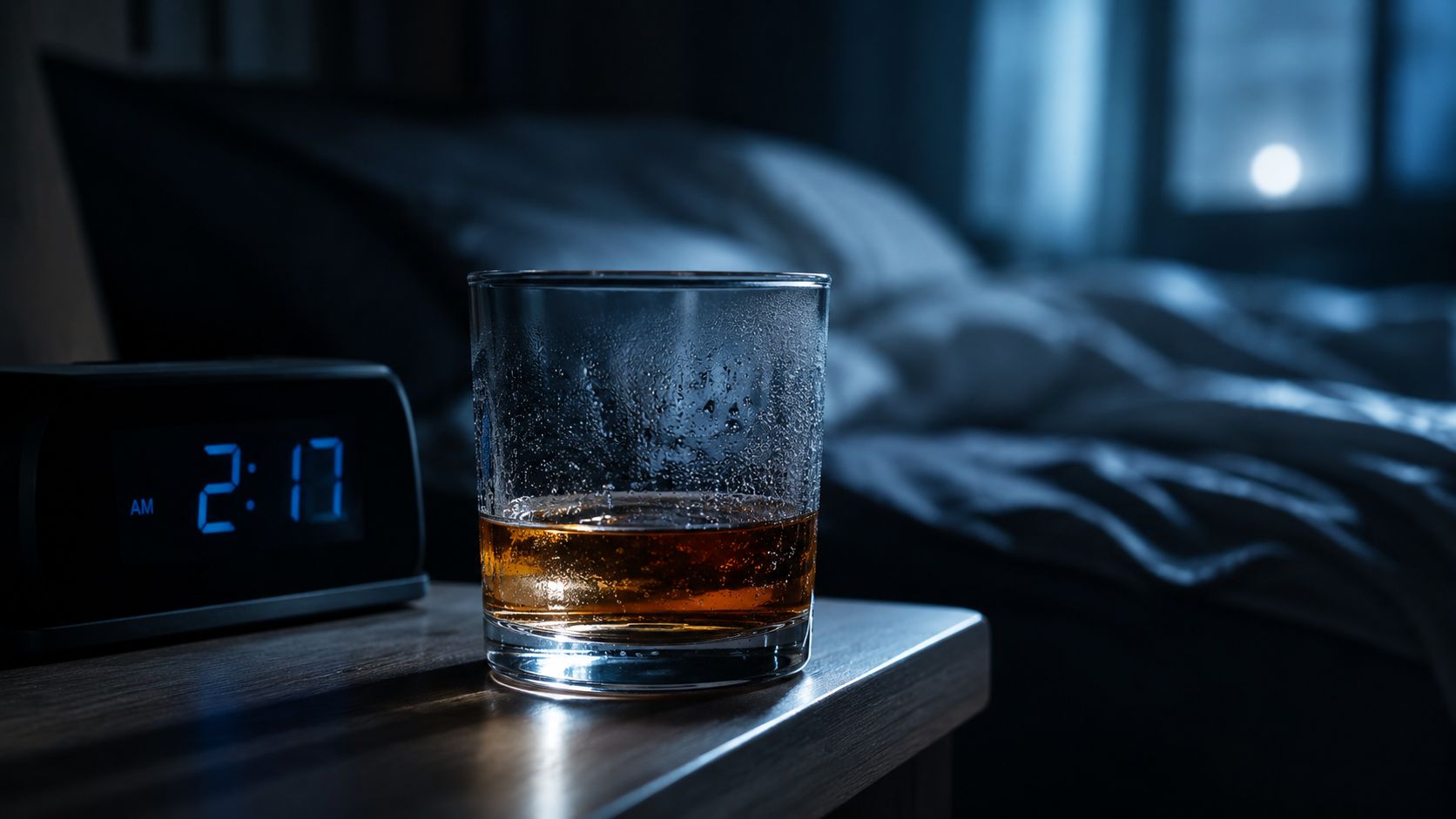 A glass of amber alcohol on a bedside table next to a digital clock showing 2:17 AM.
