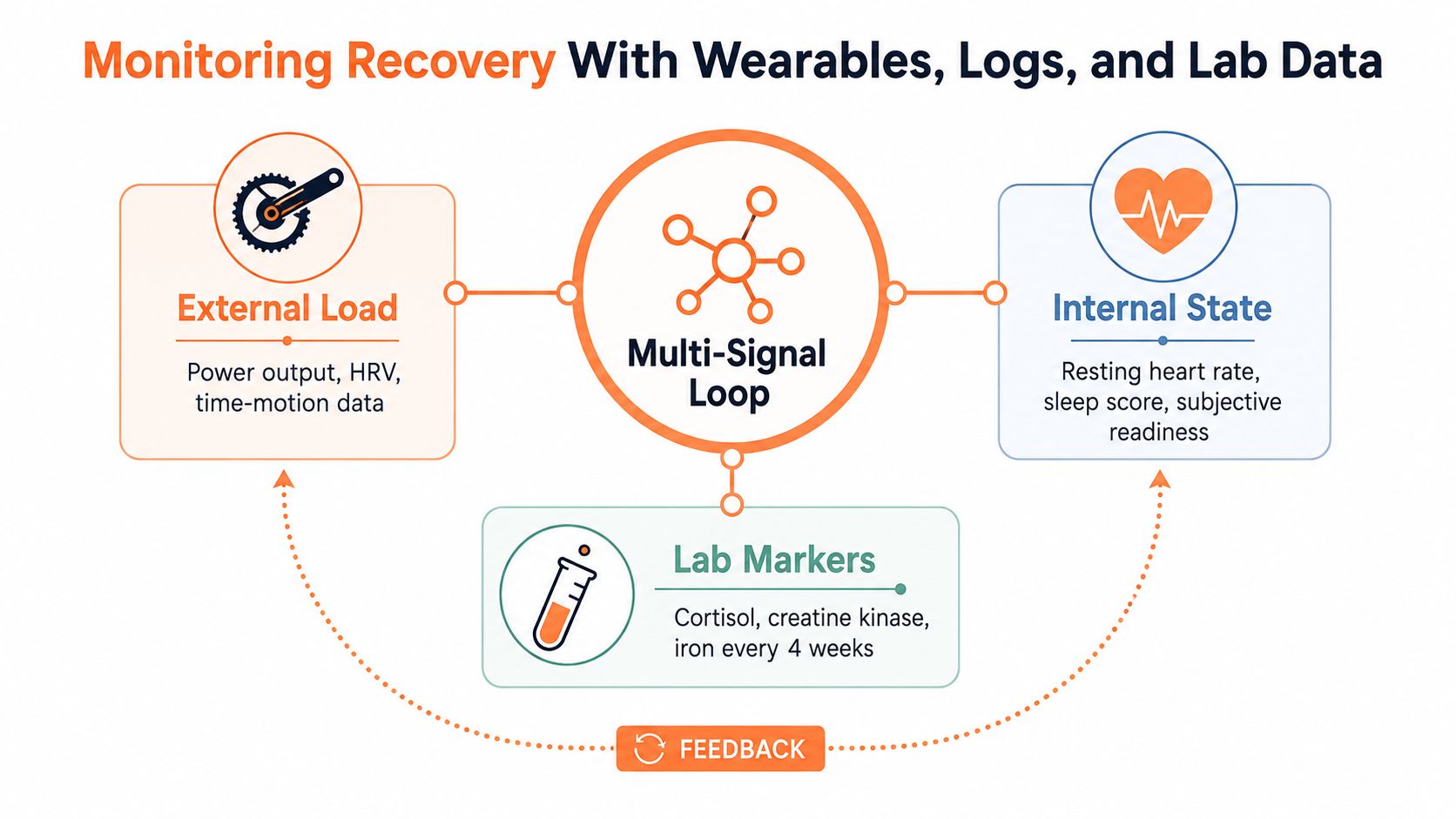 A diagram illustrating athletic recovery through external load, internal state, and lab markers with a feedback loop.