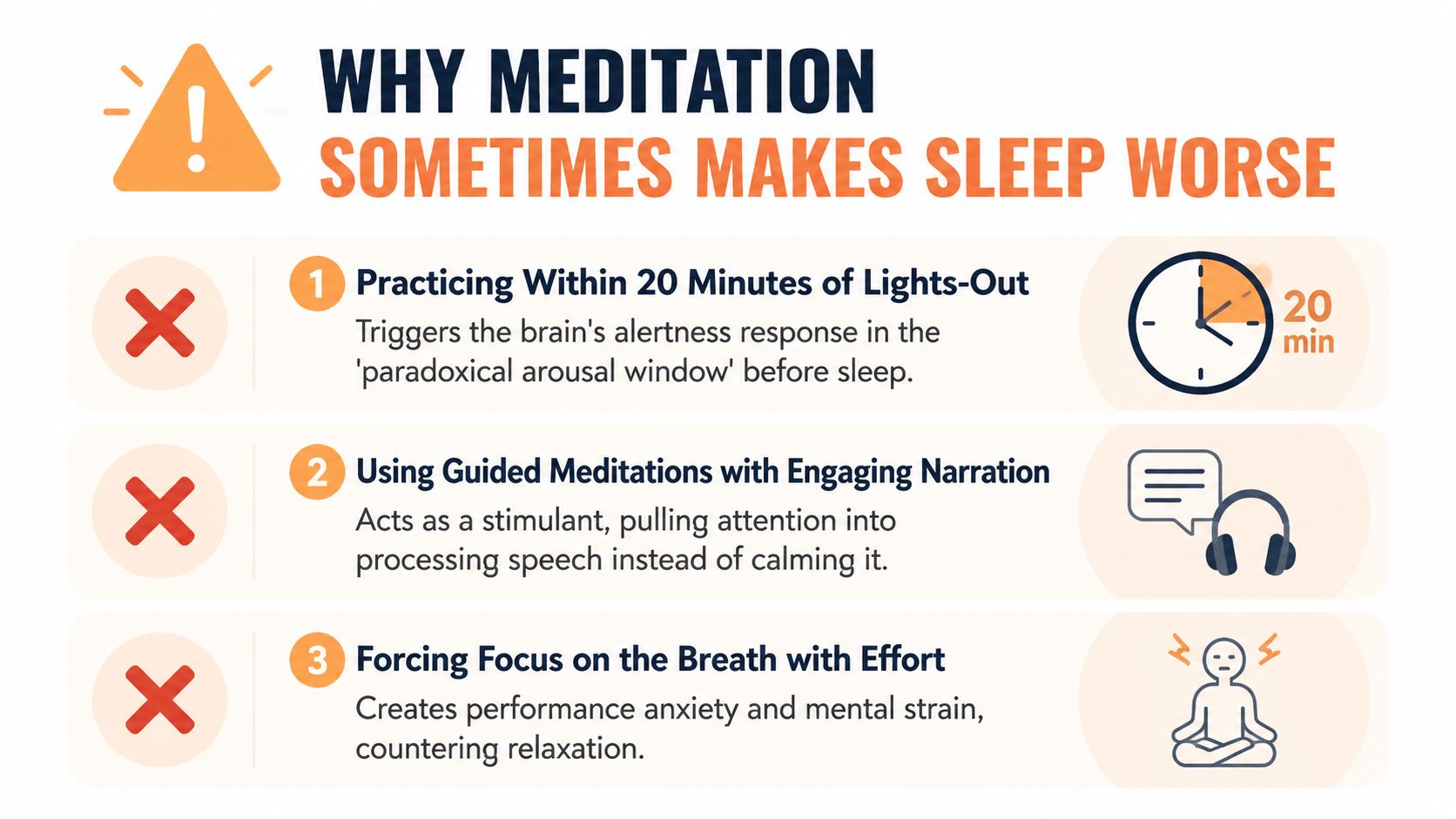 An infographic titled Why Meditation Sometimes Makes Sleep Worse, explaining three common mistakes that can disrupt sleep.