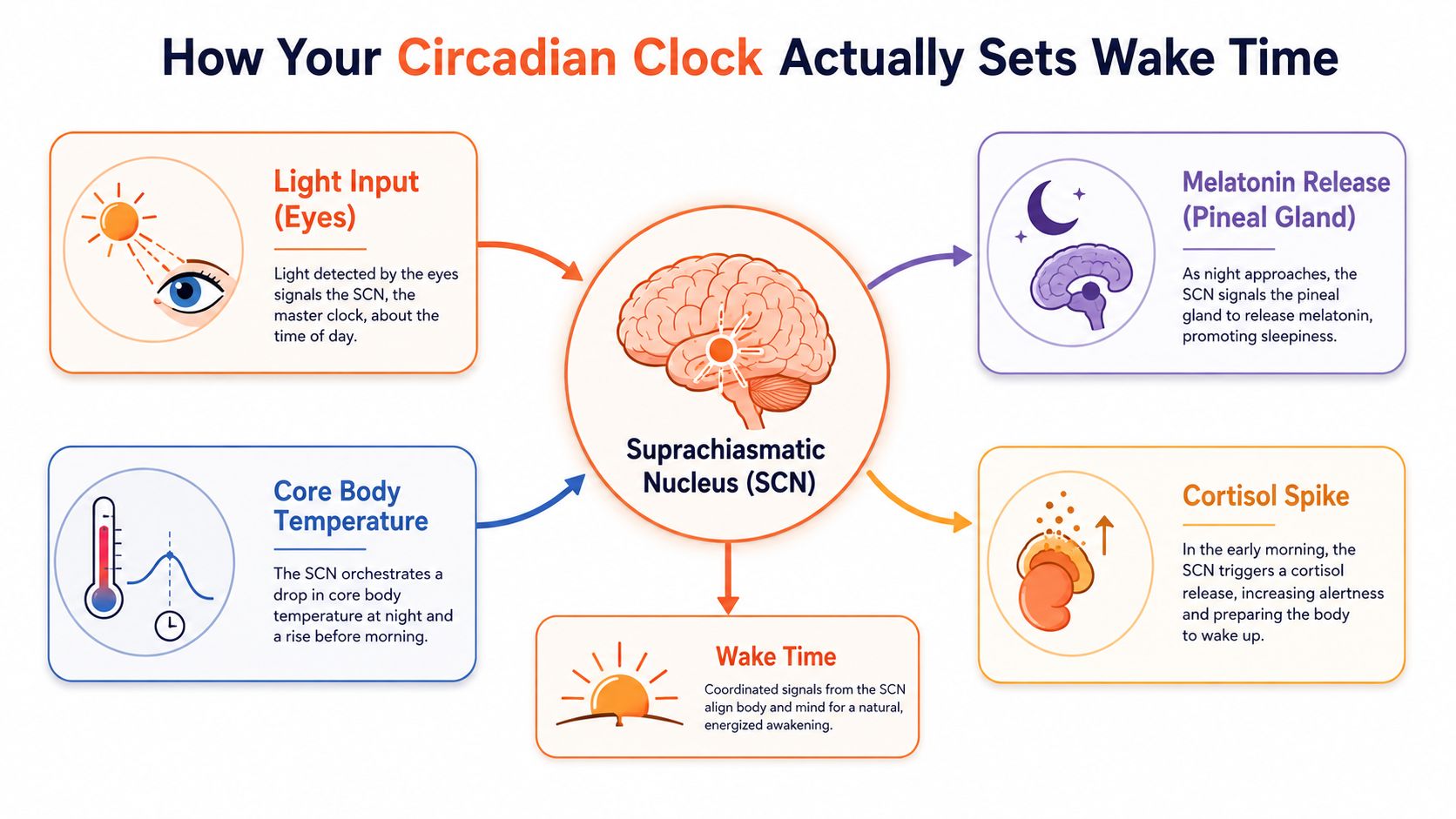 An infographic showing how the Suprachiasmatic Nucleus regulates the body's circadian clock to set wake times.