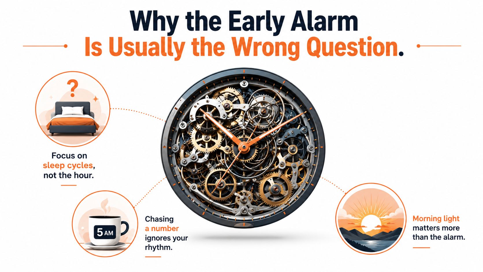 An infographic illustration titled Why the Early Alarm Is Usually the Wrong Question, emphasizing sleep cycles and rhythms.
