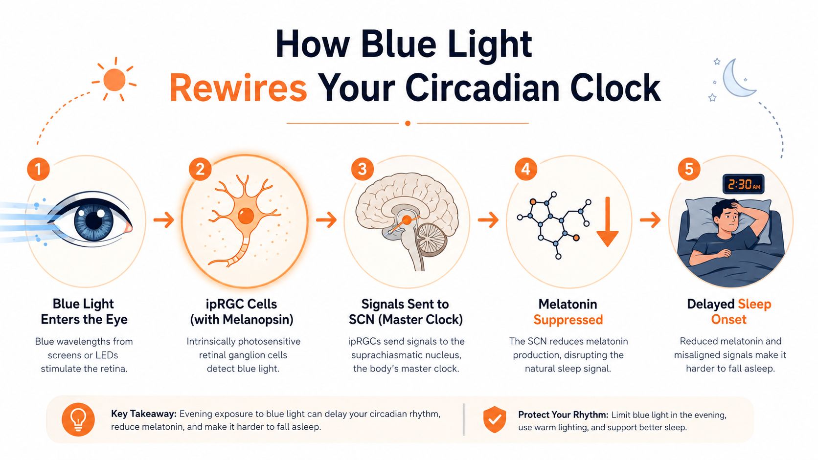 An infographic illustrating how blue light exposure from screens affects the circadian rhythm and disrupts sleep cycles.