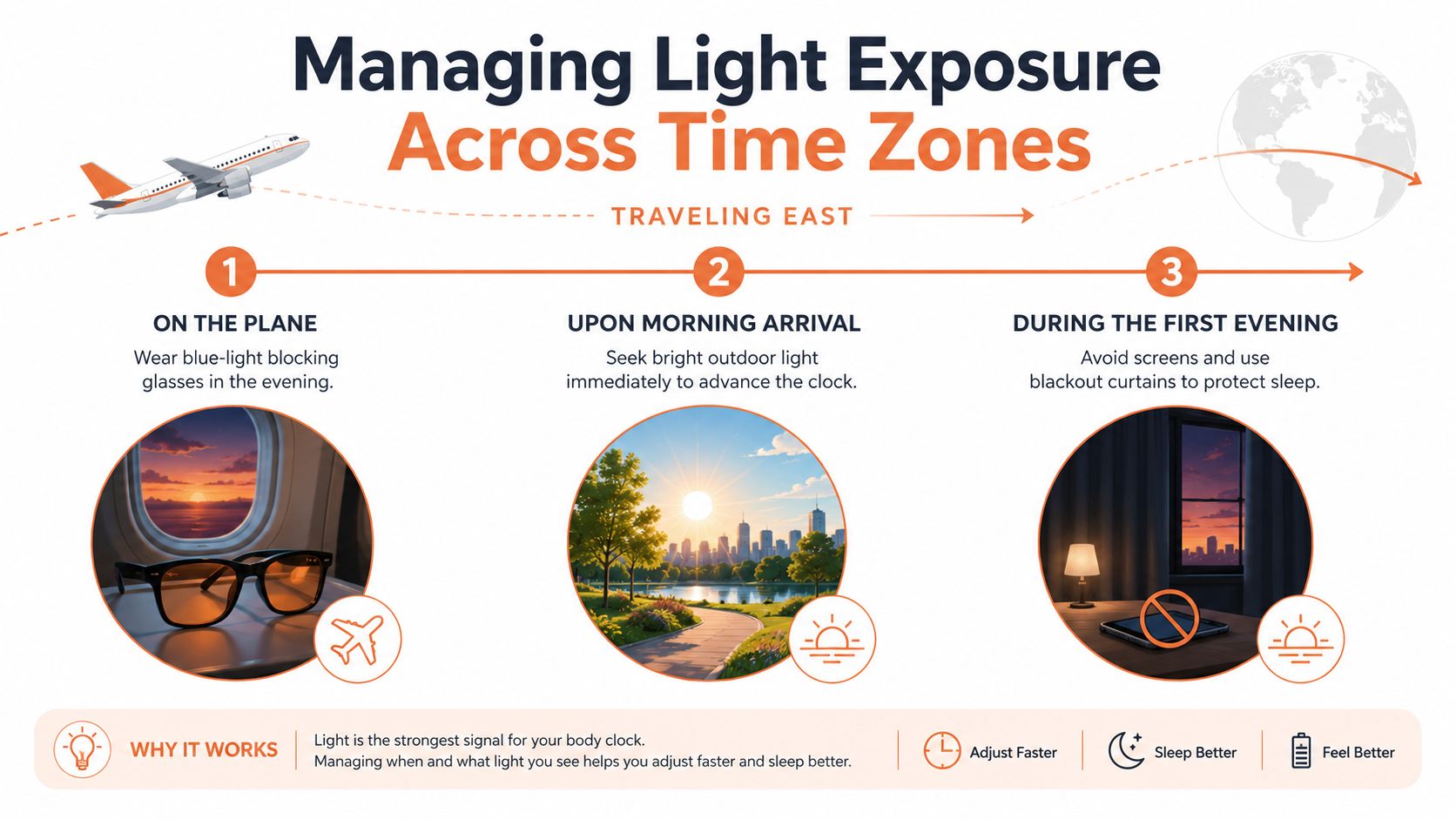 An infographic showing tips for managing light exposure while traveling east across time zones to reduce jet lag.