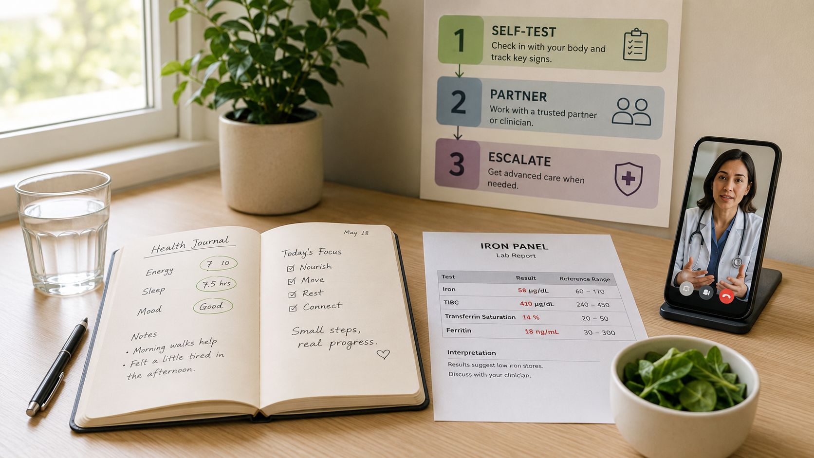 A health journal, iron lab report, and a phone screen showing a doctor during a telehealth appointment.