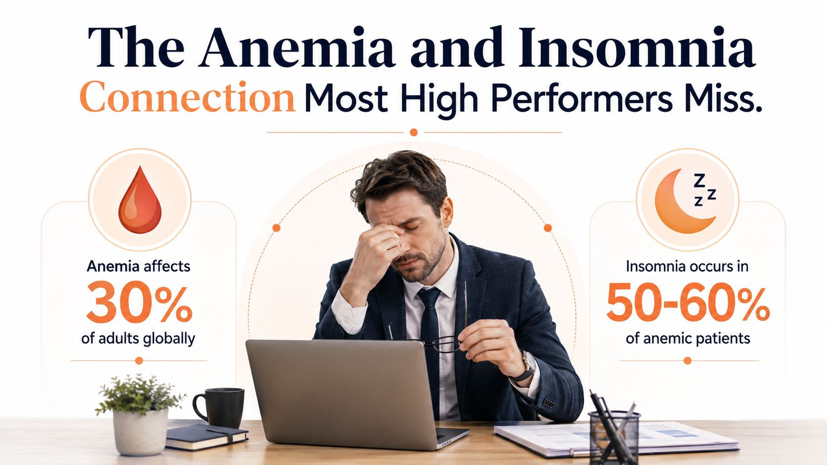 A professional man at a laptop feeling tired, illustrating the connection between anemia and insomnia.