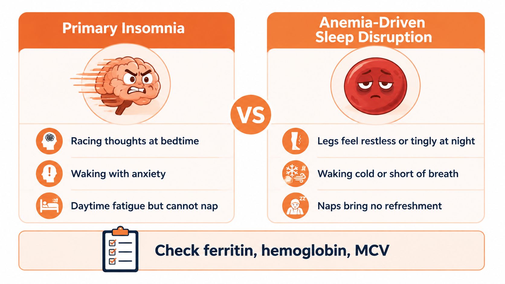 A comparison chart showing symptoms differentiating primary insomnia from anemia-driven sleep disruption, including a call to check blood work.