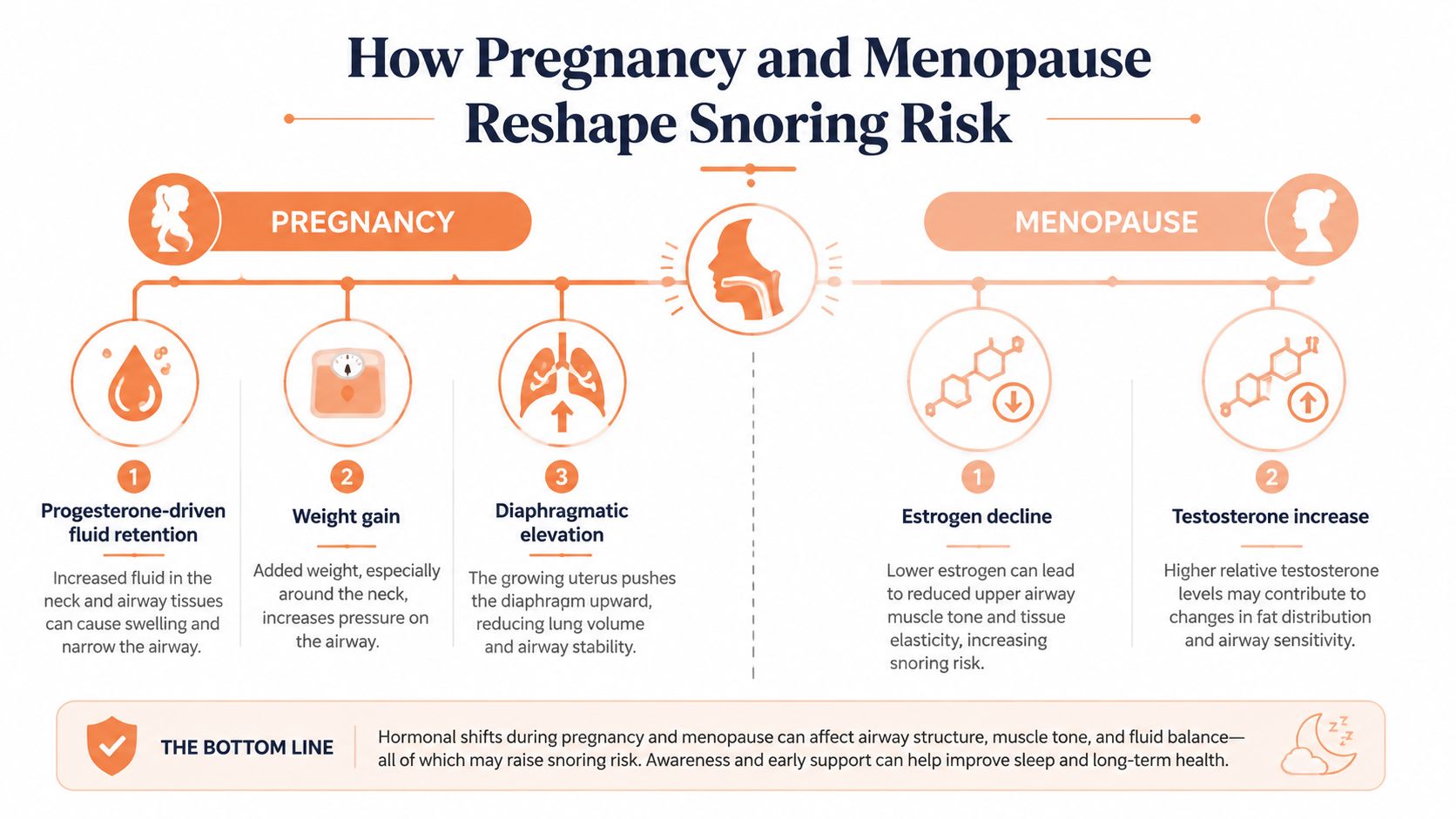 An infographic showing how physiological changes during pregnancy and menopause can increase the risk of snoring in women.