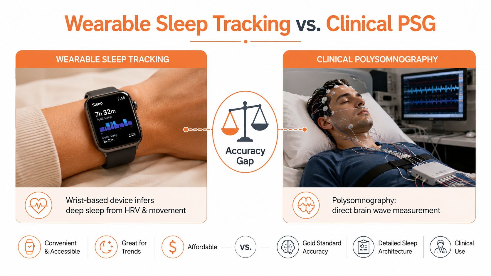 A comparison between wearable sleep tracking devices and clinical polysomnography sleep studies showing the accuracy gap.