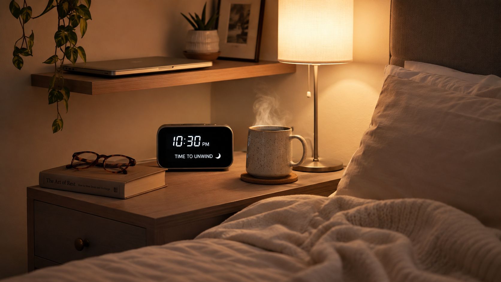 A cozy bedside table at night with a steaming mug, a digital clock reading 10:30 PM, and book.