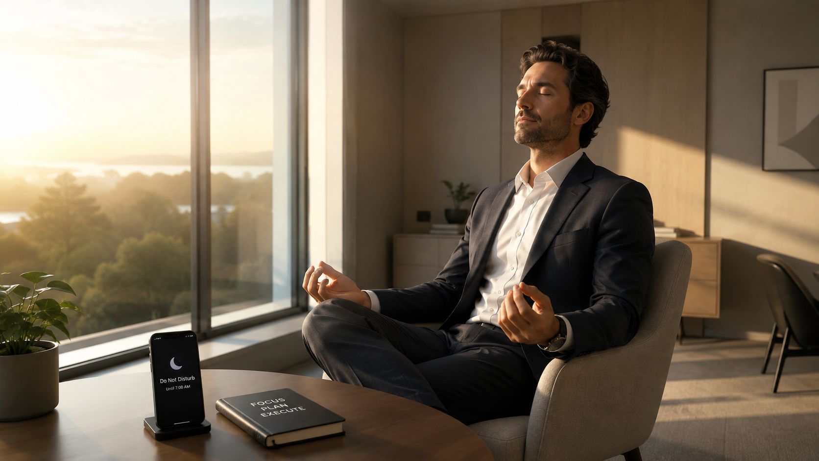 A professional man in a suit meditates in an office setting with a phone on do-not-disturb mode.