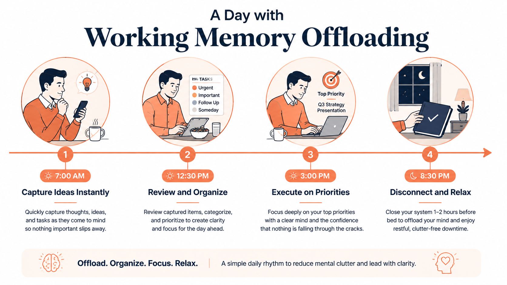 An infographic showing four steps for daily working memory offloading to improve mental clarity and productivity.