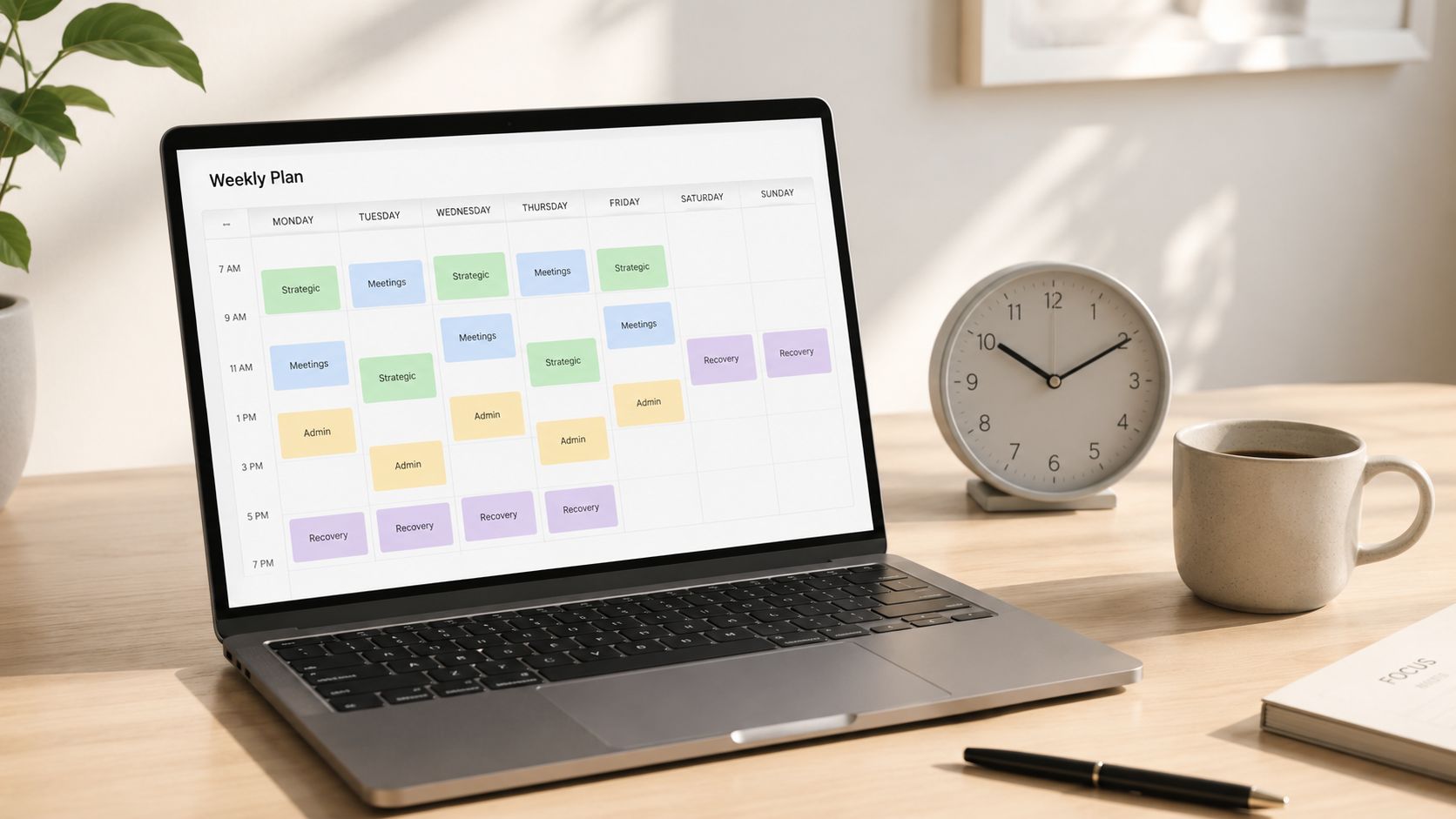 A modern workspace with a laptop displaying a weekly planner, a clock, a coffee cup, and a pen.