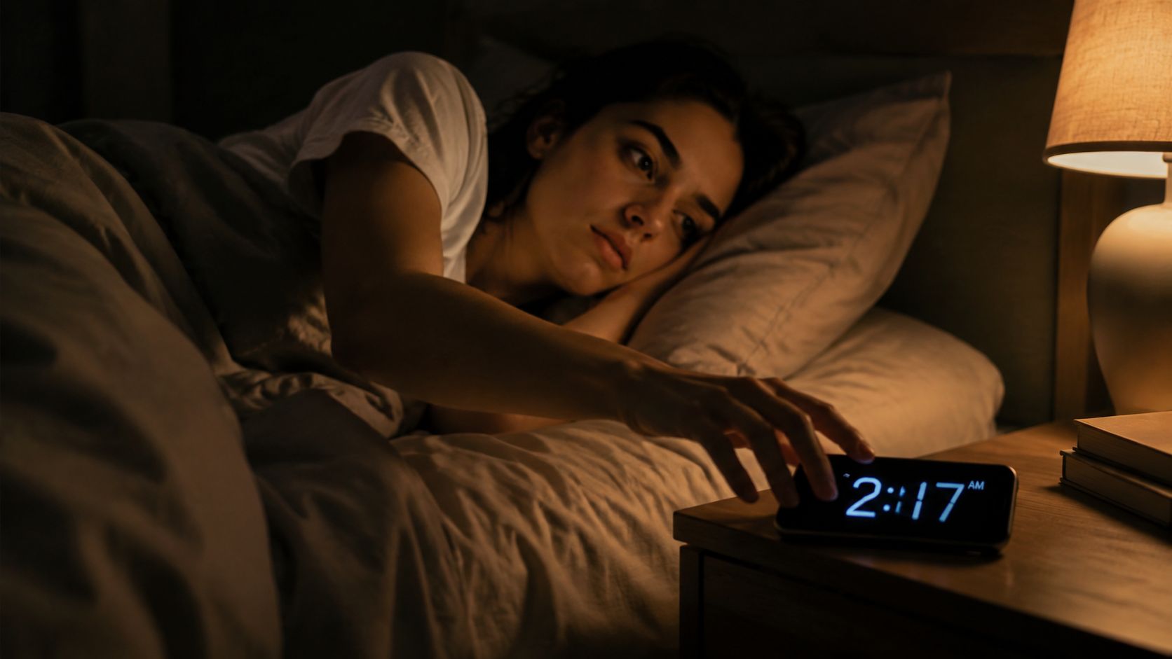 A young woman lying in bed looking tired and checking the digital clock at night in her bedroom.