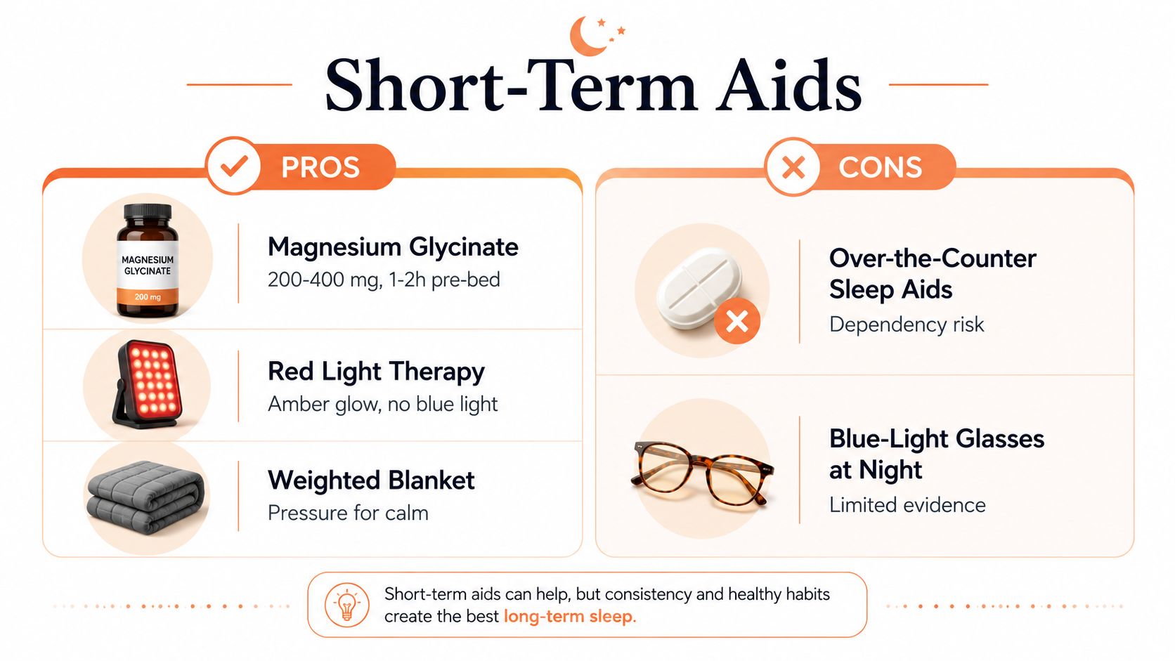 A comparative chart showing pros and cons of various short-term aids for improving sleep quality.