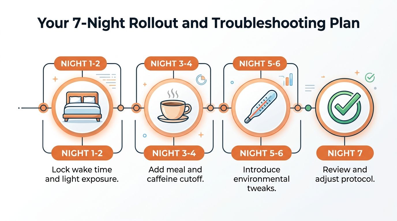 A seven-night sleep optimization guide infographic illustrating steps to improve rest through timing, diet, and environment.