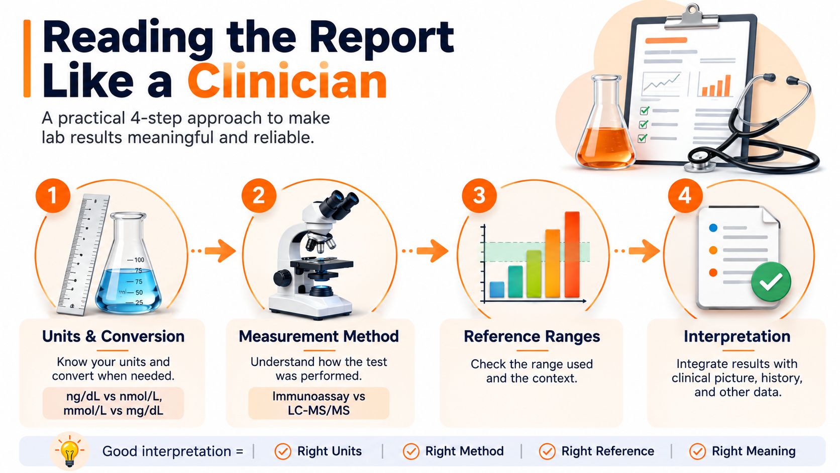 A four-step infographic showing how to interpret lab results like a clinician with icons for units and methodology.