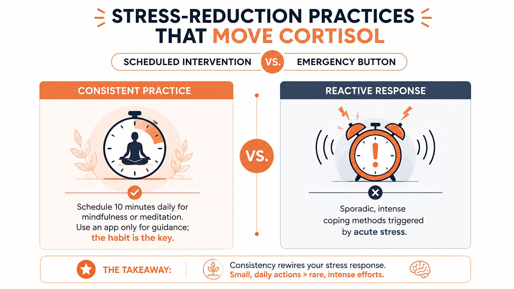 A comparison infographic showing how consistent daily mindfulness practices are better for reducing cortisol than reactive measures.