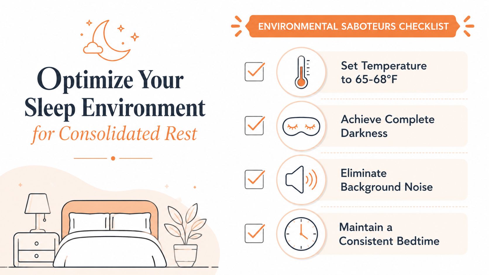 An infographic checklist showing four essential tips for optimizing your sleep environment for better rest.