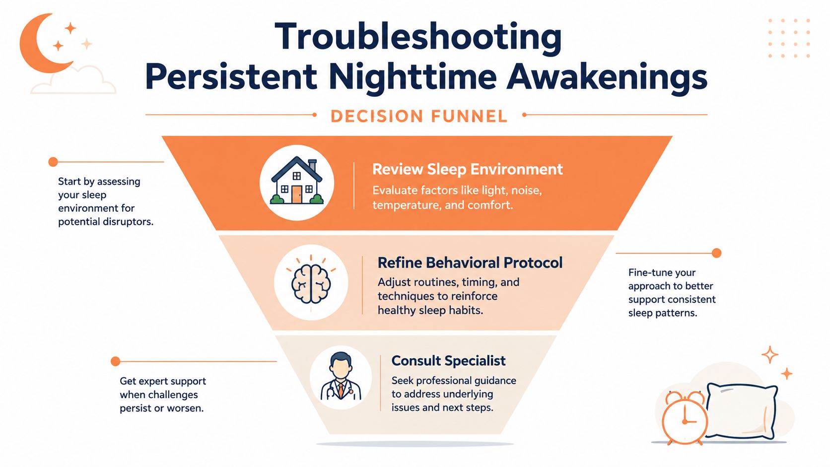 A decision funnel chart illustrating steps to troubleshoot and resolve persistent nighttime awakenings for better sleep.
