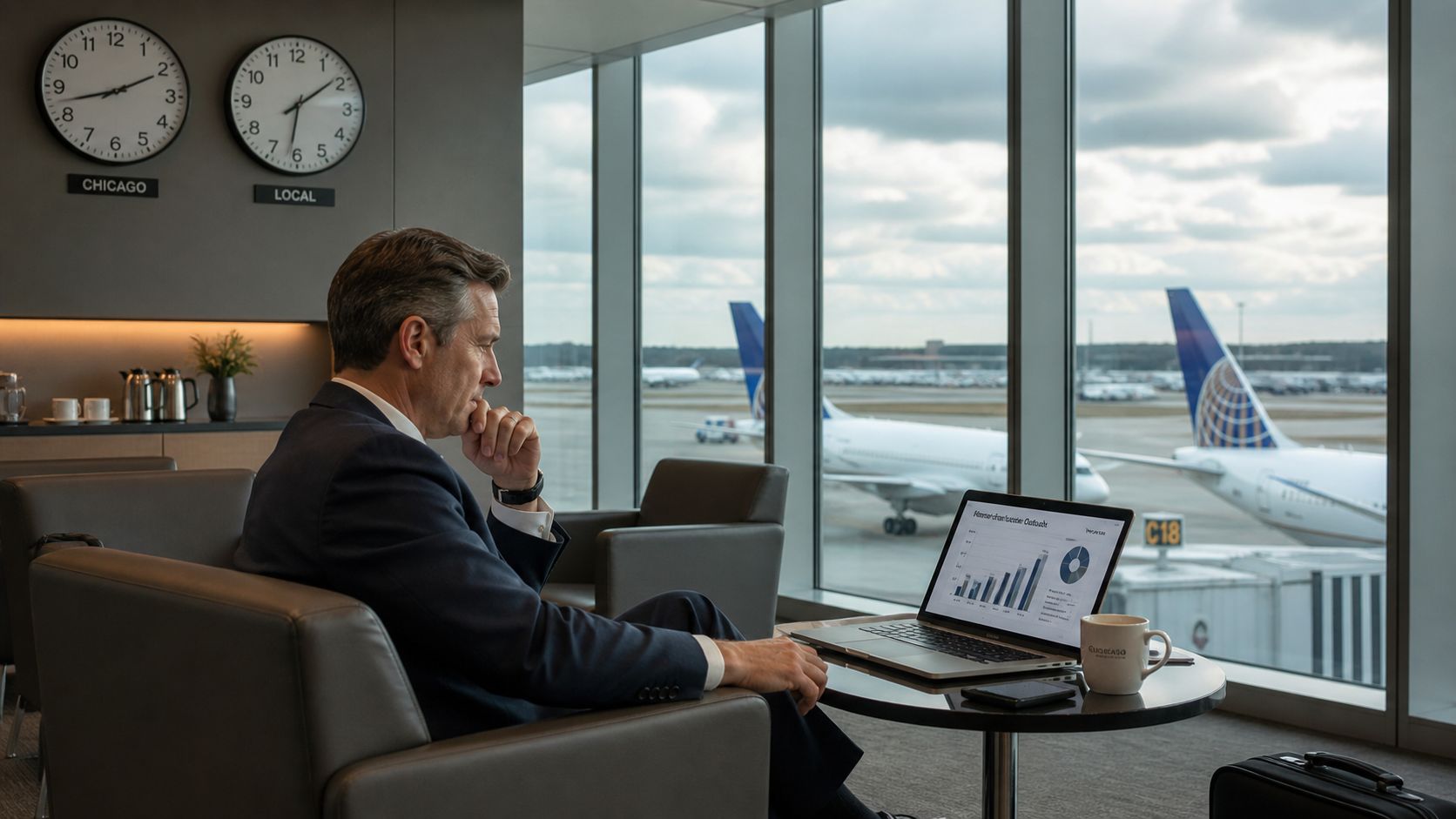 A professional man sitting in an airport lounge working on his laptop while looking out at airplanes.